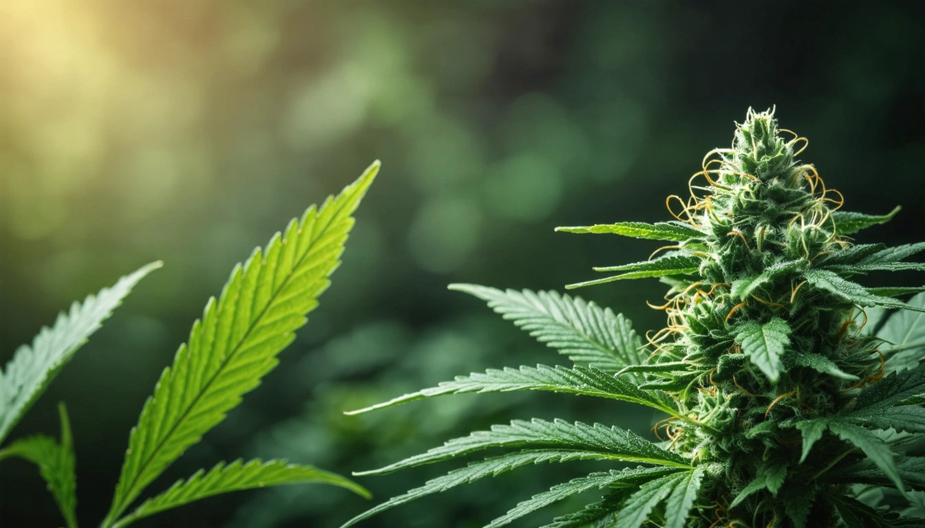 Sunlit green plant with serrated leaves and a dense cluster of small, curly hairs on the right; blurred green background
