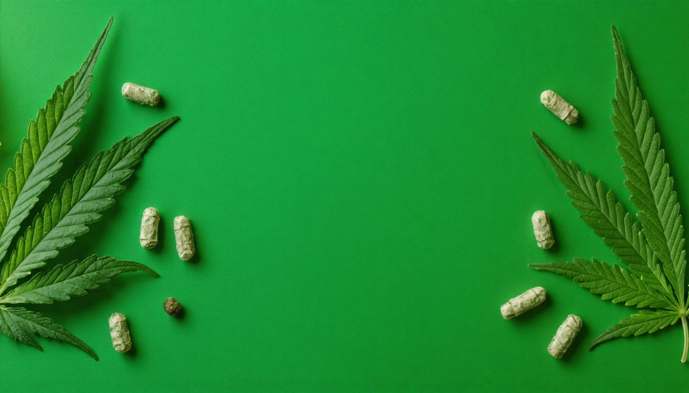Green background with cannabis leaves on left and right, scattered green capsules, and a small brown sphere in the center