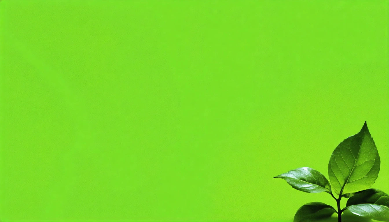 Bright green background with a small cluster of glossy green leaves in the bottom right corner