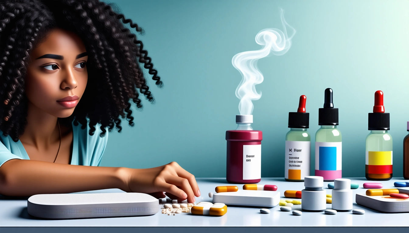 Woman with curly hair looks at various bottles and pills on a table; one bottle emits smoke