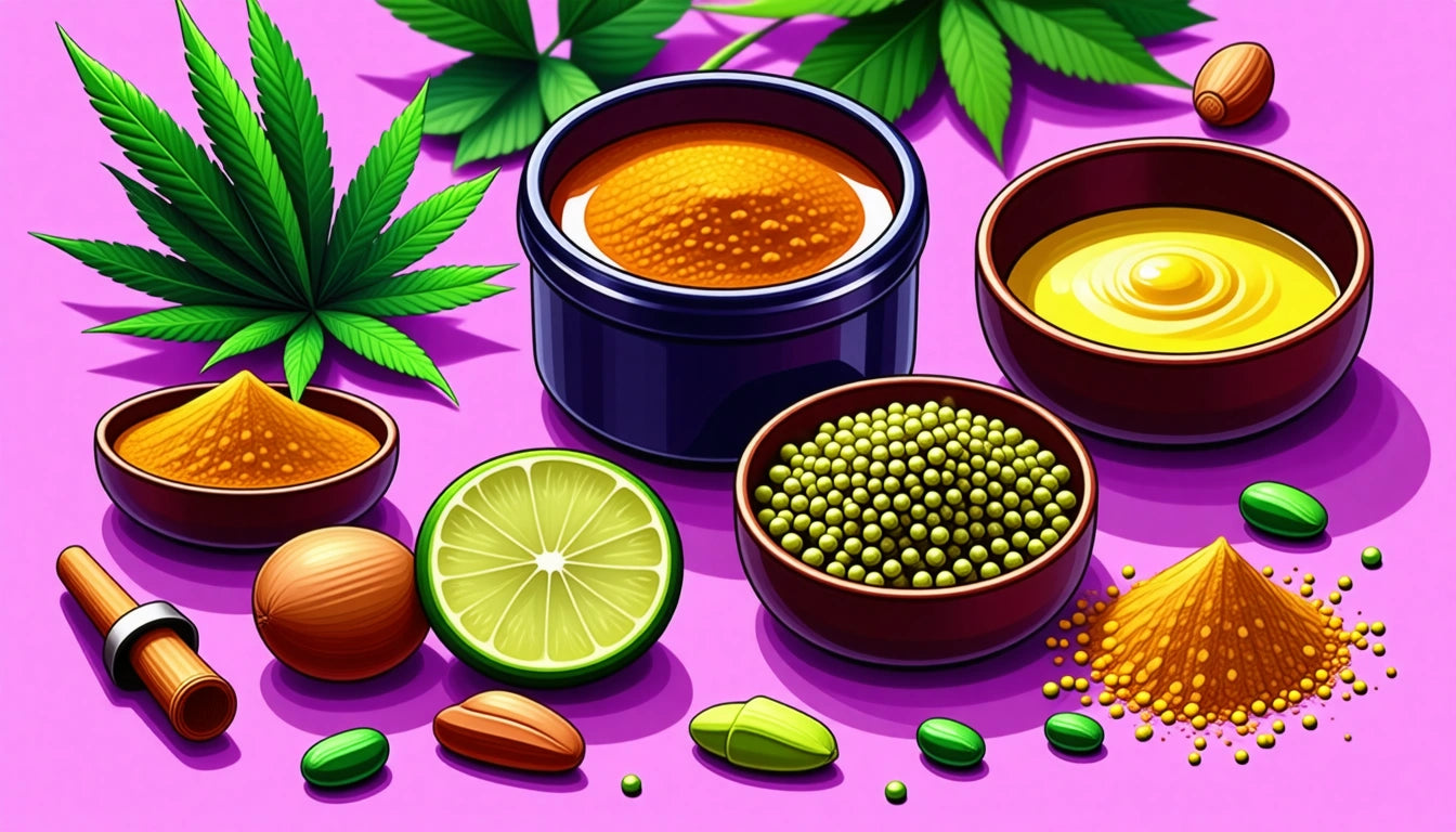 Assorted spices, lime, and herbs on pink background; includes bowls of powders, whole nuts, seeds, and green leaves