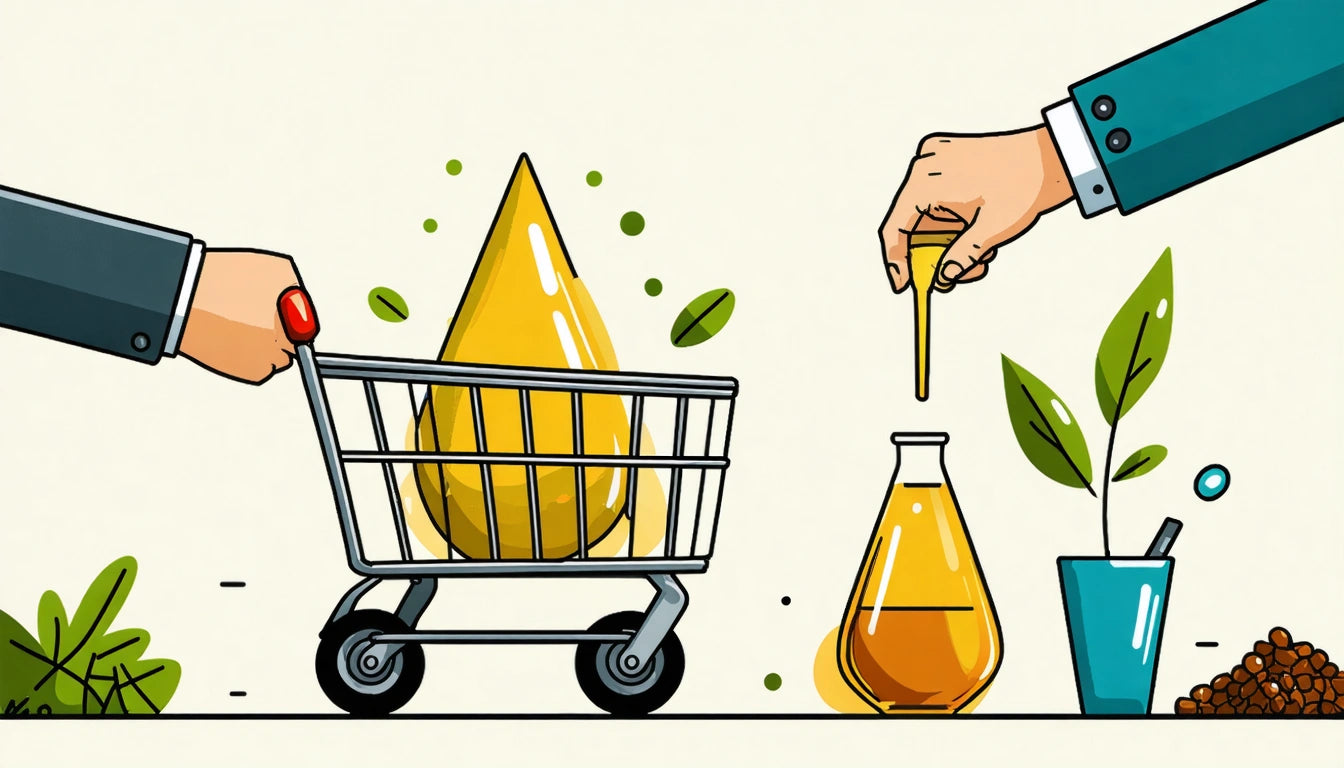 Shopping cart with large yellow droplet, hand holding dropper over flask, green leaves, and small plant in blue pot