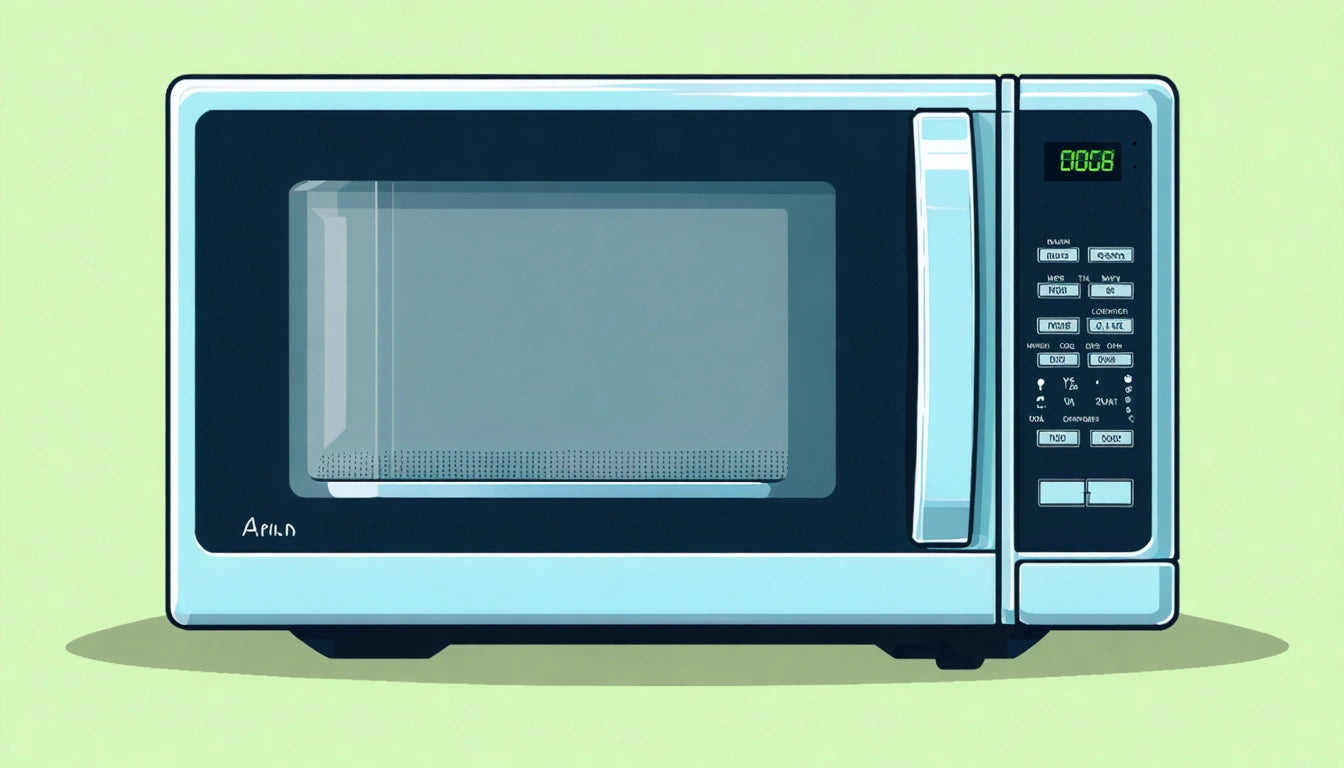 Silver microwave with digital keypad and green display showing 00:08, set against a light green background