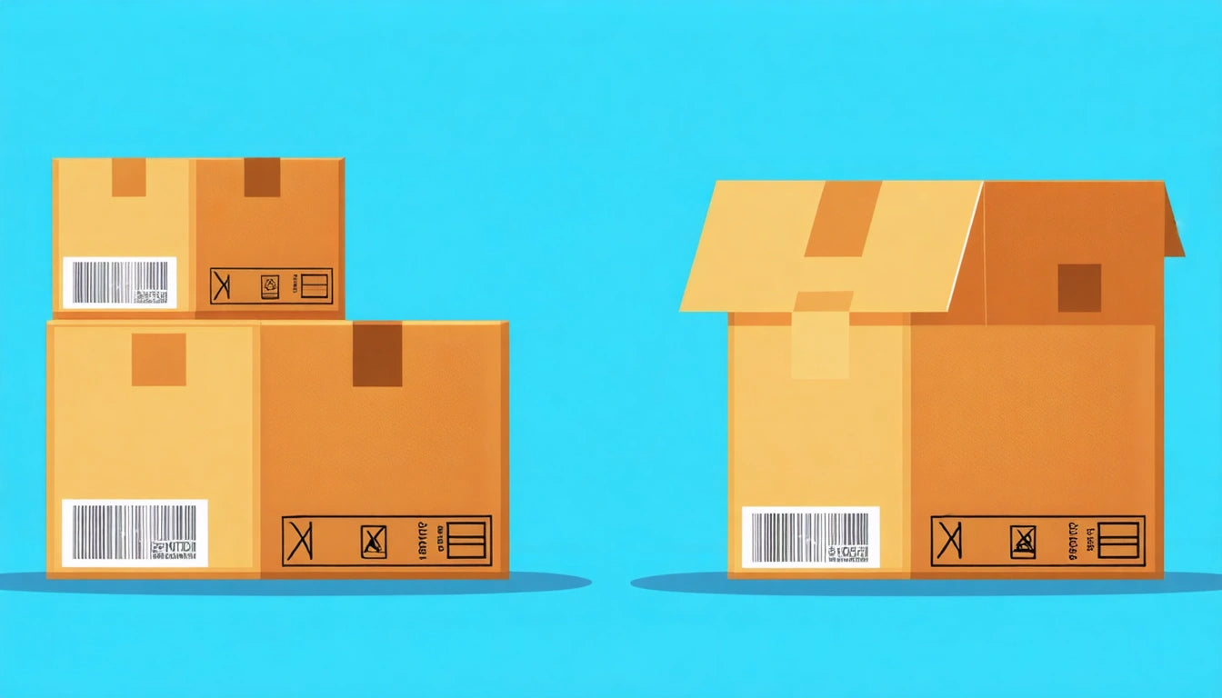 Three stacked brown boxes on left, one open box on right, all with labels and barcodes, against a bright blue background