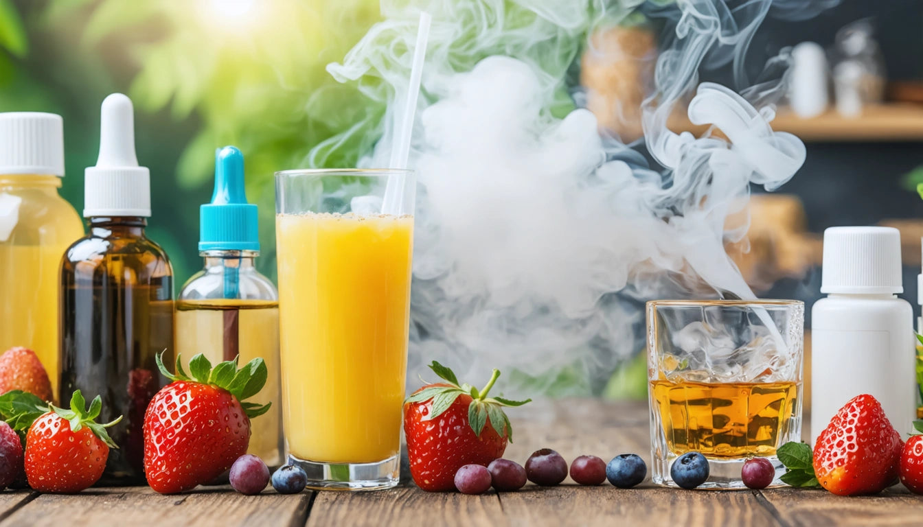 Strawberries and blueberries on wooden table with juice, vapor, and various bottles in background