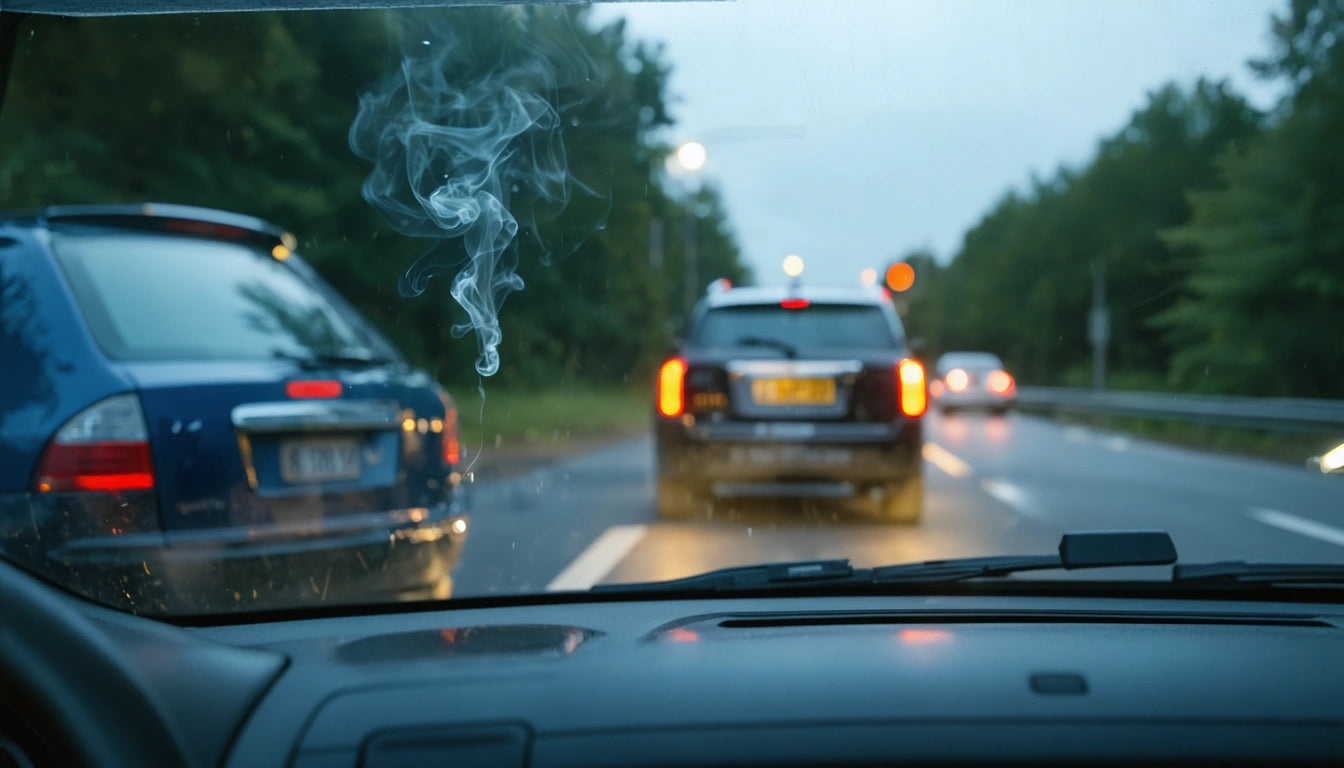 Smoke rising inside a car, view through windshield, with two cars ahead on a wet road lined with trees, evening light