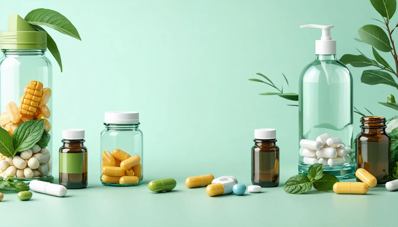 Various pill bottles and capsules on green surface, surrounded by leaves