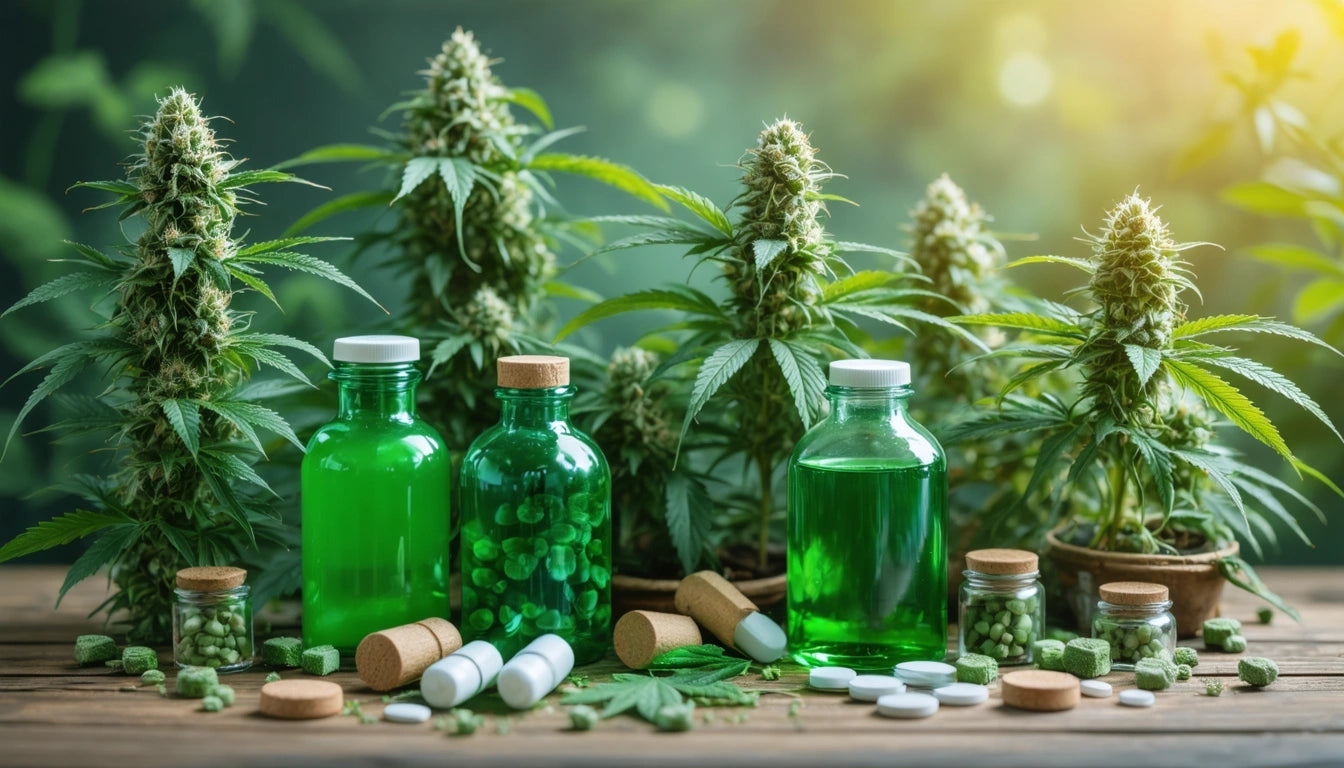 Green glass bottles, capsules, and tablets on wooden surface with cannabis plants in background, sunlight filtering through leaves
