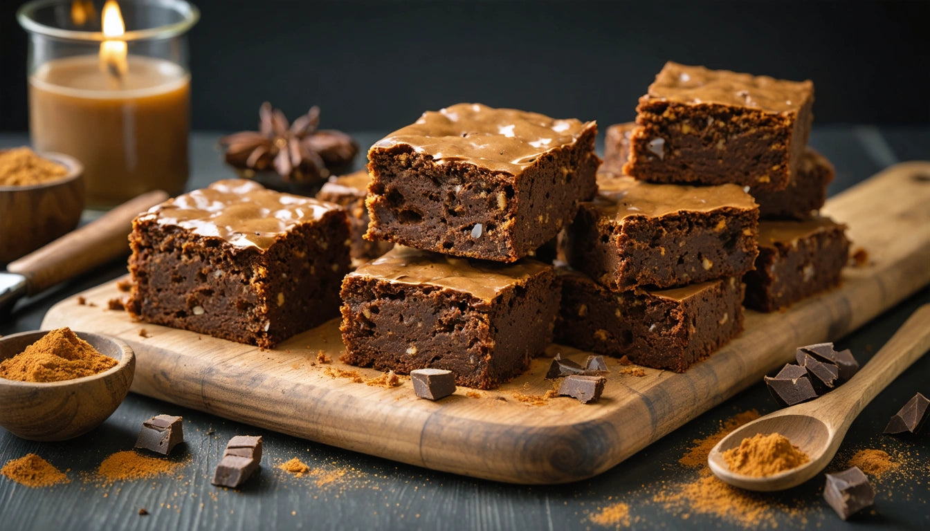Brownie squares stacked on a wooden board, surrounded by chocolate pieces and cinnamon powder, with a lit candle in the background