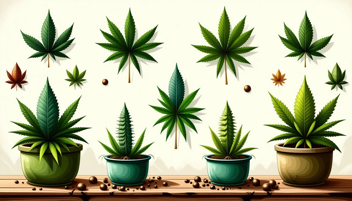 Green potted plants on wooden surface, various leaf shapes above, scattered brown pebbles