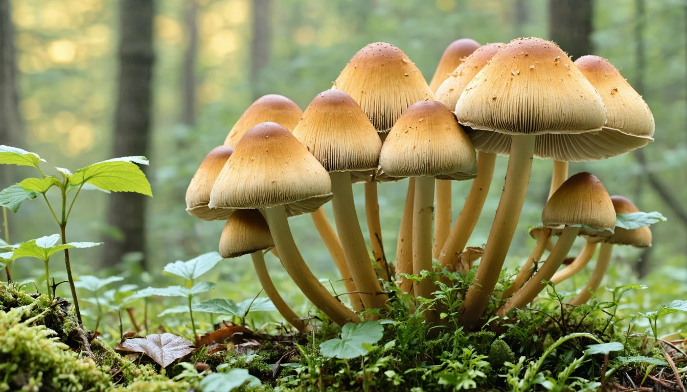 Cluster of brown mushrooms with tall stems growing among green plants in a forest setting
