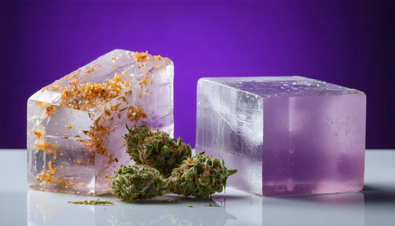 Two translucent ice cubes, one with orange flecks, next to green plant buds on a reflective surface, purple background