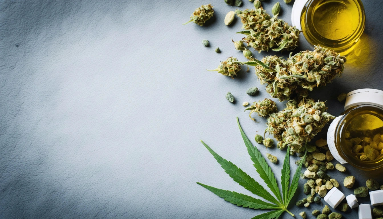 Cannabis buds, seeds, and a leaf next to two jars of oil on a textured gray surface