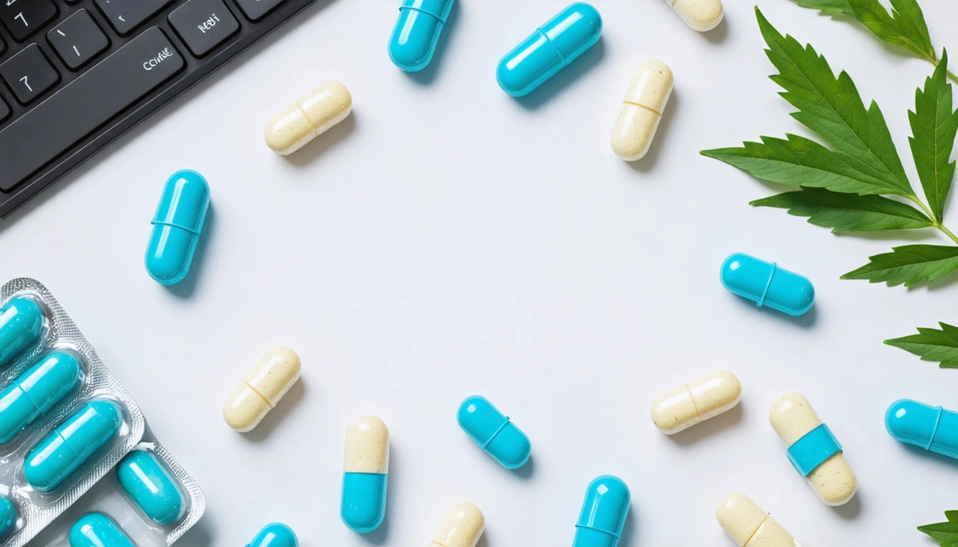 Blue and white capsules scattered on white surface, keyboard corner, green leaves, and blister pack visible