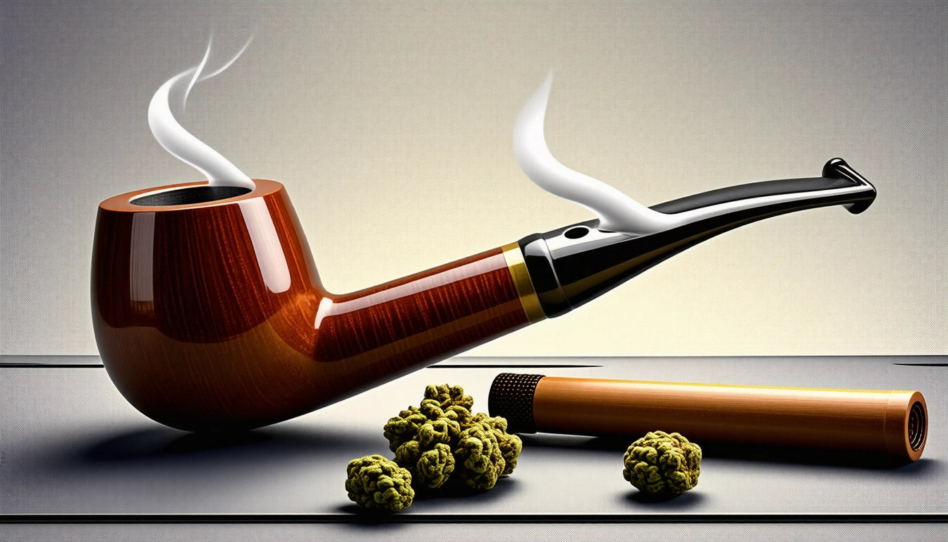 Wooden smoking pipe with smoke rising, placed next to a rolled cigar and small clusters of green buds on a gray surface