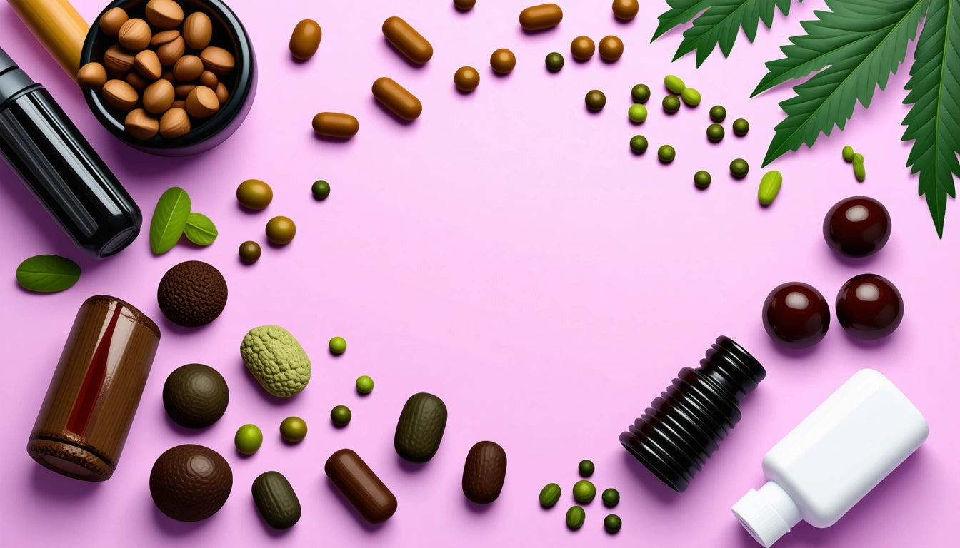 Various pills, capsules, and bottles scattered on a pink surface, with green leaves in the top right corner