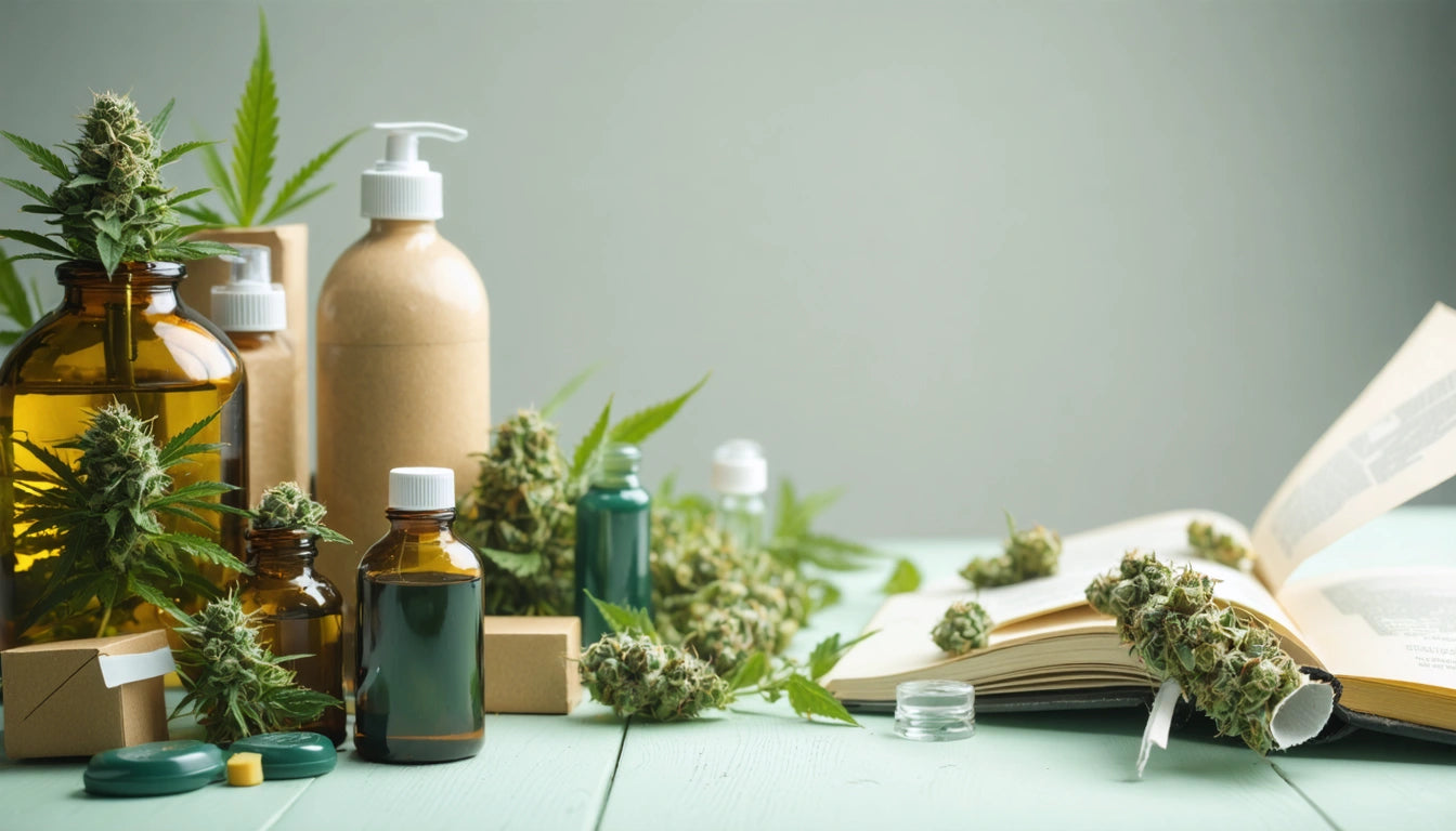 Brown and green bottles, cannabis buds, and an open book on a light green table