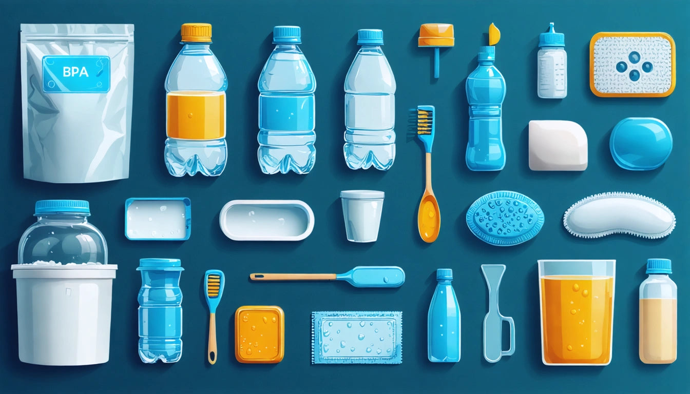 Various blue and orange plastic containers, bottles, and cleaning tools arranged on a teal background