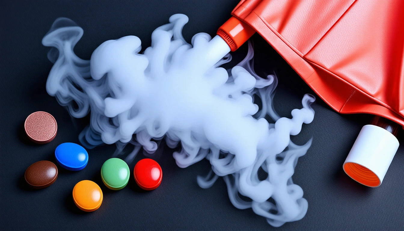 Red pouch releasing white smoke, surrounded by colorful round objects on a dark surface