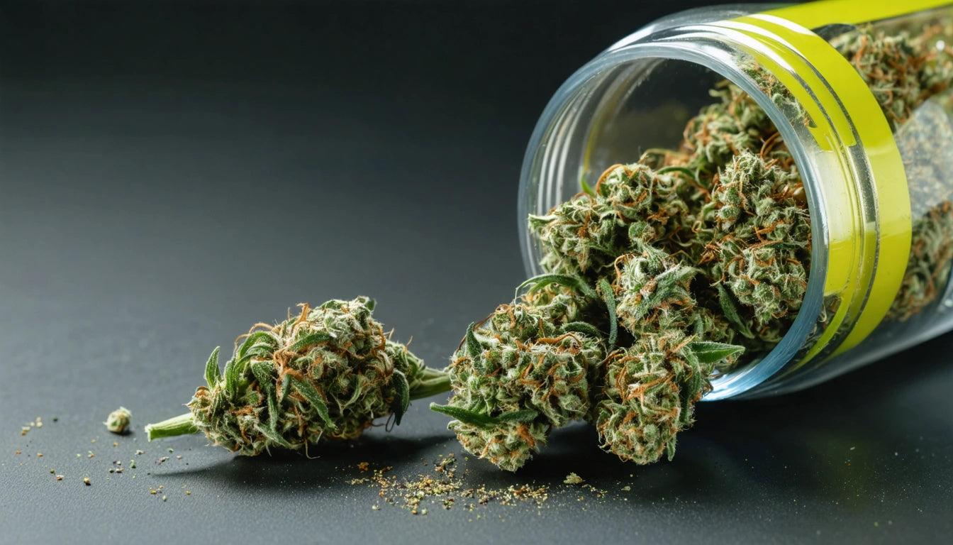 Glass jar tipped over with green, leafy buds spilling onto a dark surface