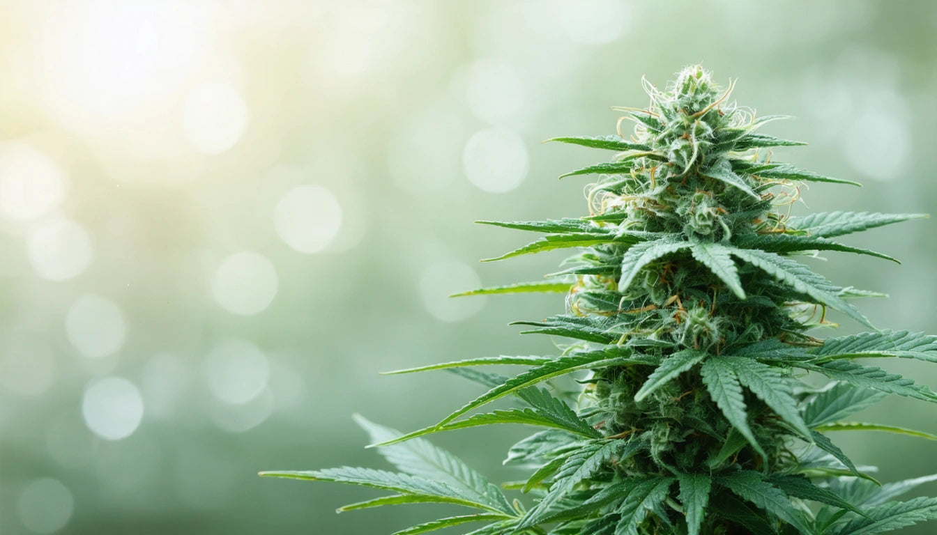 Green plant with pointed leaves and dense clusters, set against a blurred light green background with circular bokeh