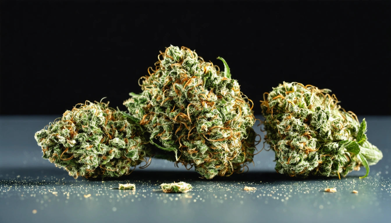 Three dense, green and orange buds with fine hairs on a dark surface, scattered small particles around