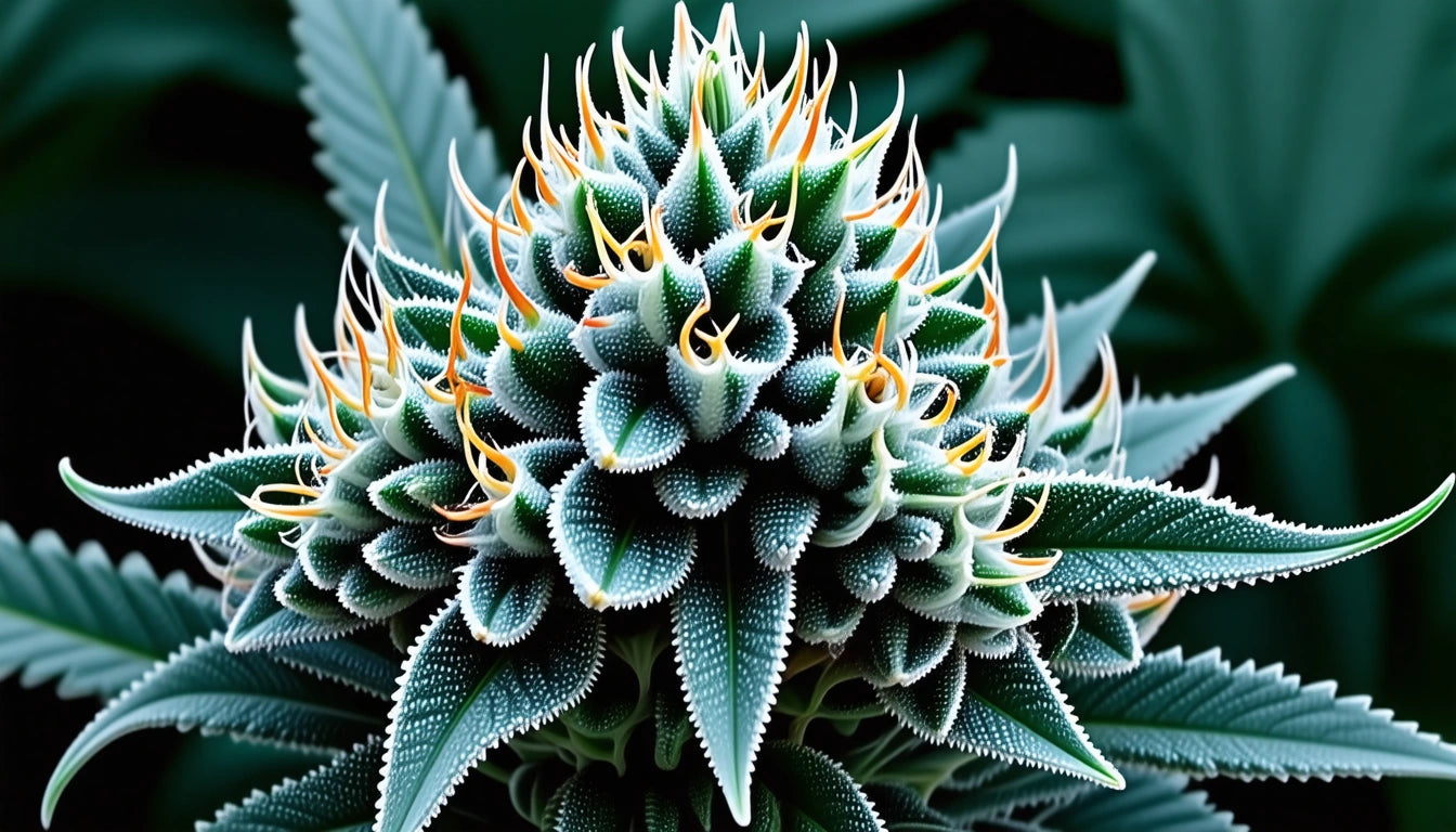 Spiky green plant with orange-tipped edges, surrounded by dark green leaves