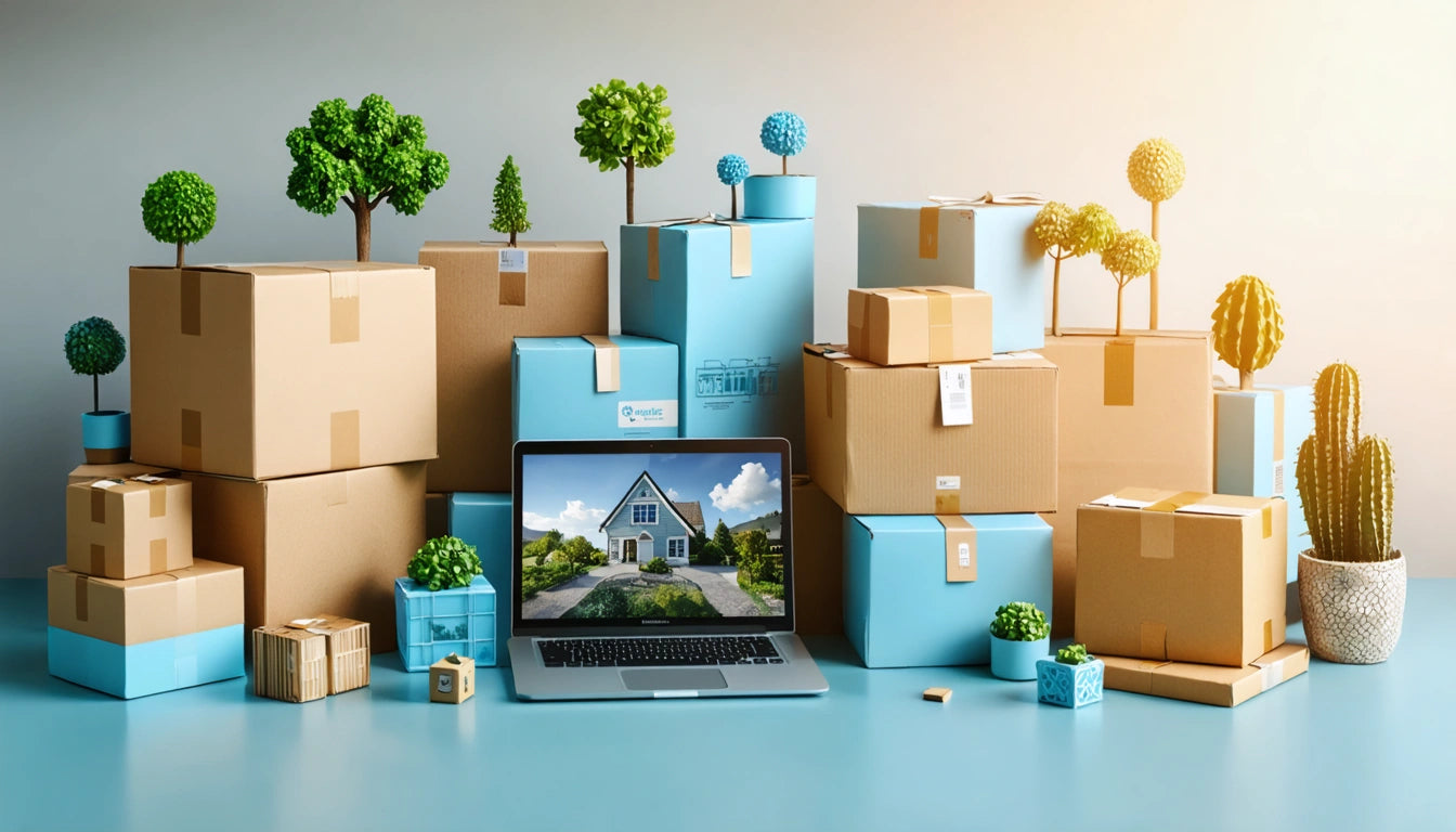 Cardboard boxes and small trees surround a laptop displaying a house image; soft lighting from the right