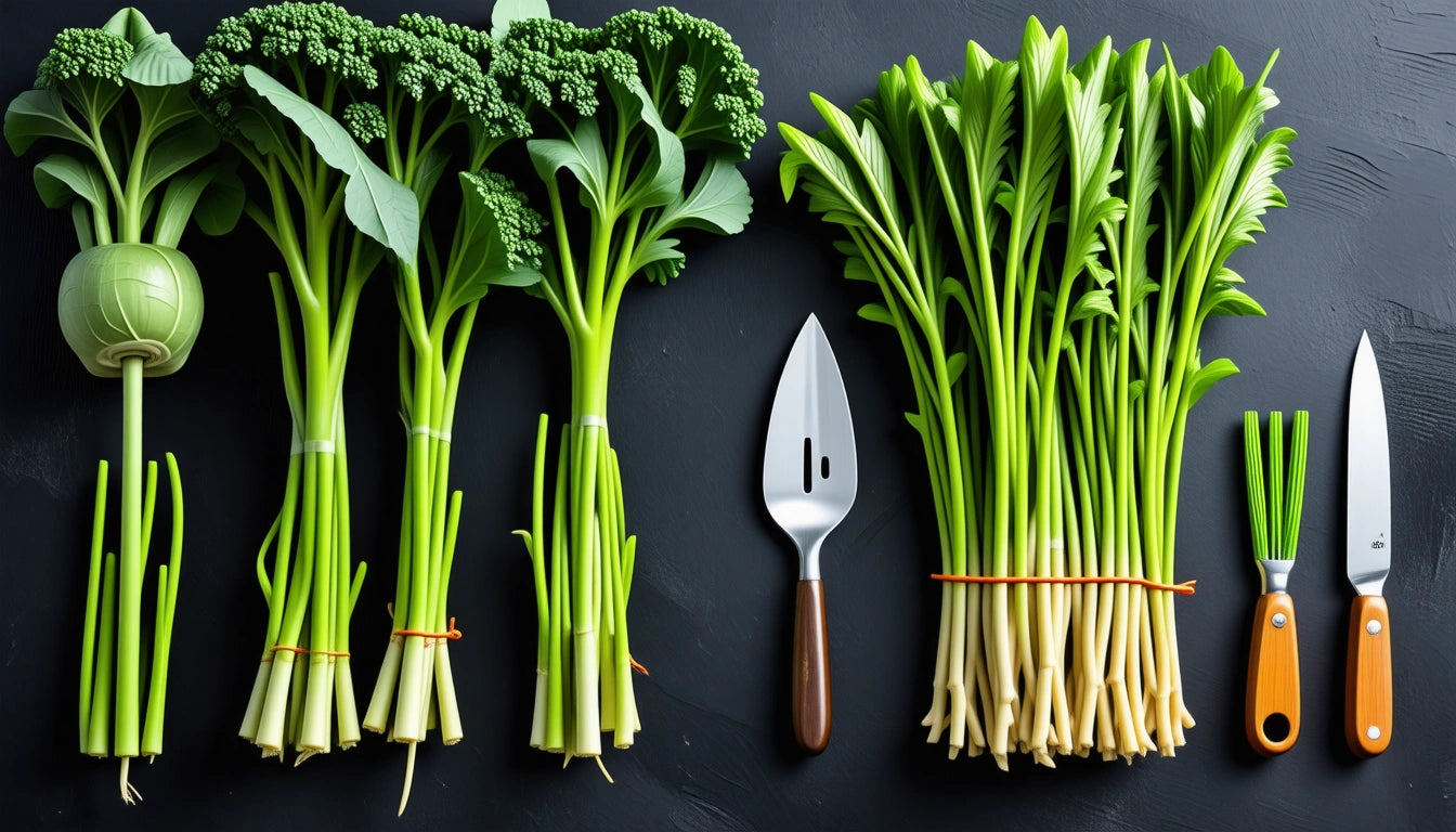 Four bunches of leafy green vegetables, a cake server, and two knives with orange handles on a dark surface