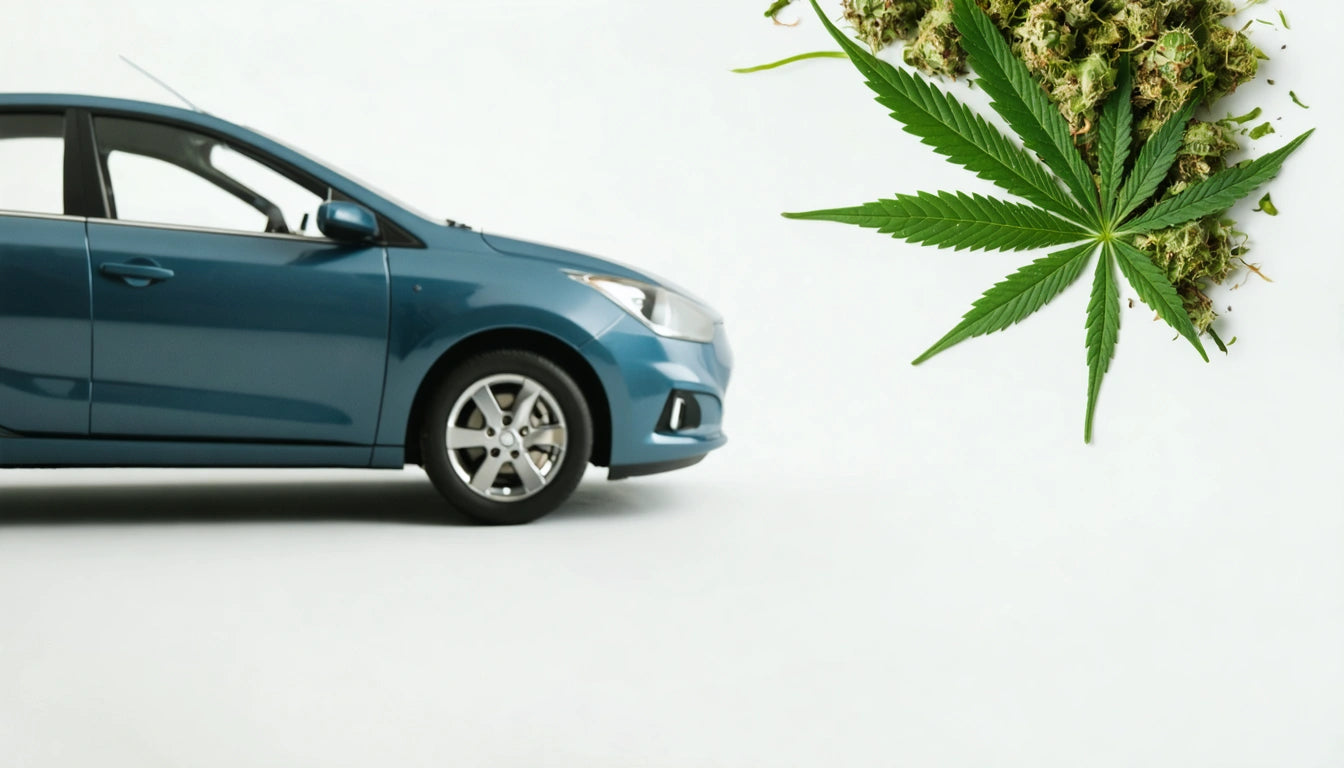 Blue car on left, large green leaf and buds on right, white background