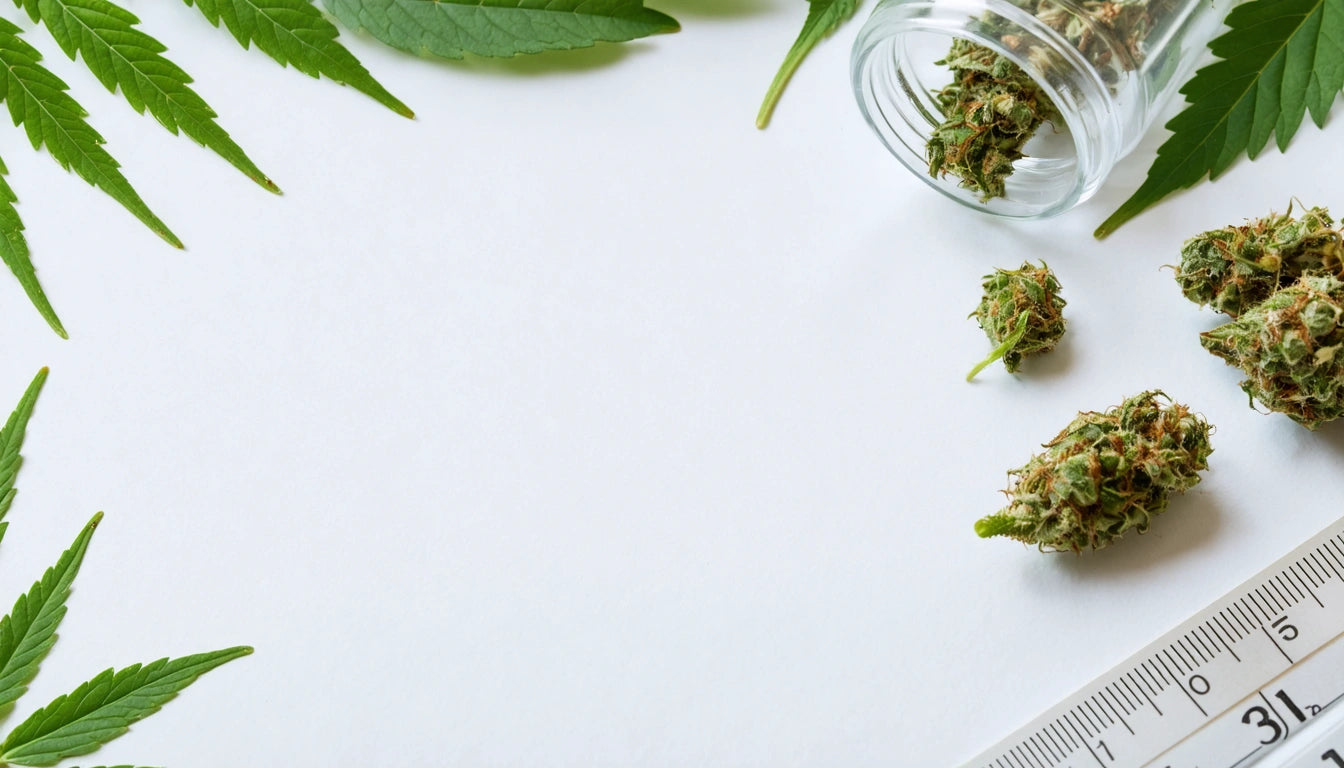 Glass jar tipped over with green buds spilling out, surrounded by large green leaves on a white surface