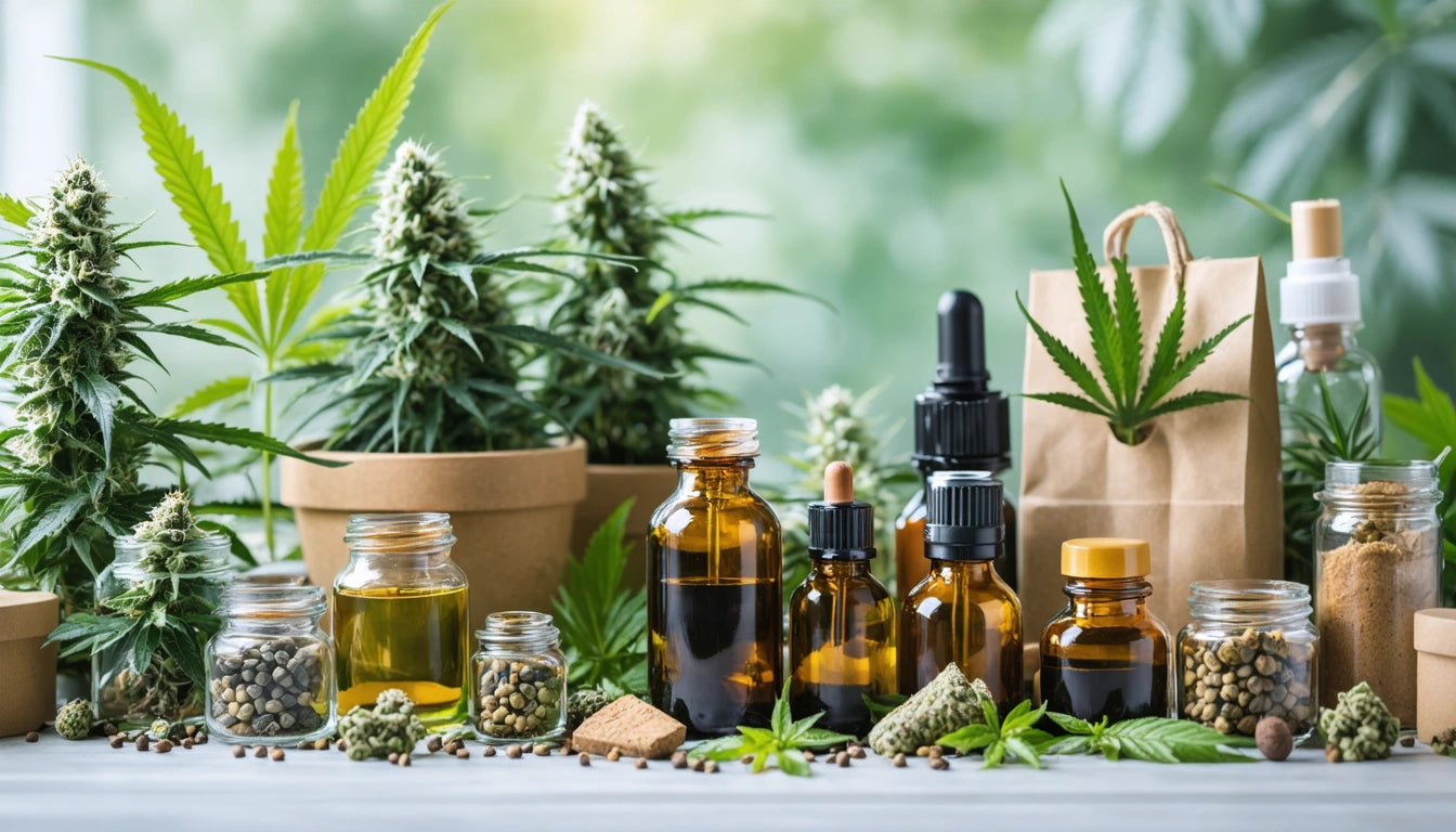 Various glass bottles with droppers, cannabis plants, seeds, and leaves on a table, paper bag in the background