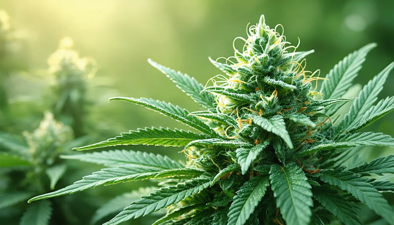 Green plant with pointed leaves and a dense, spiky bud, set against a blurred green background with warm sunlight