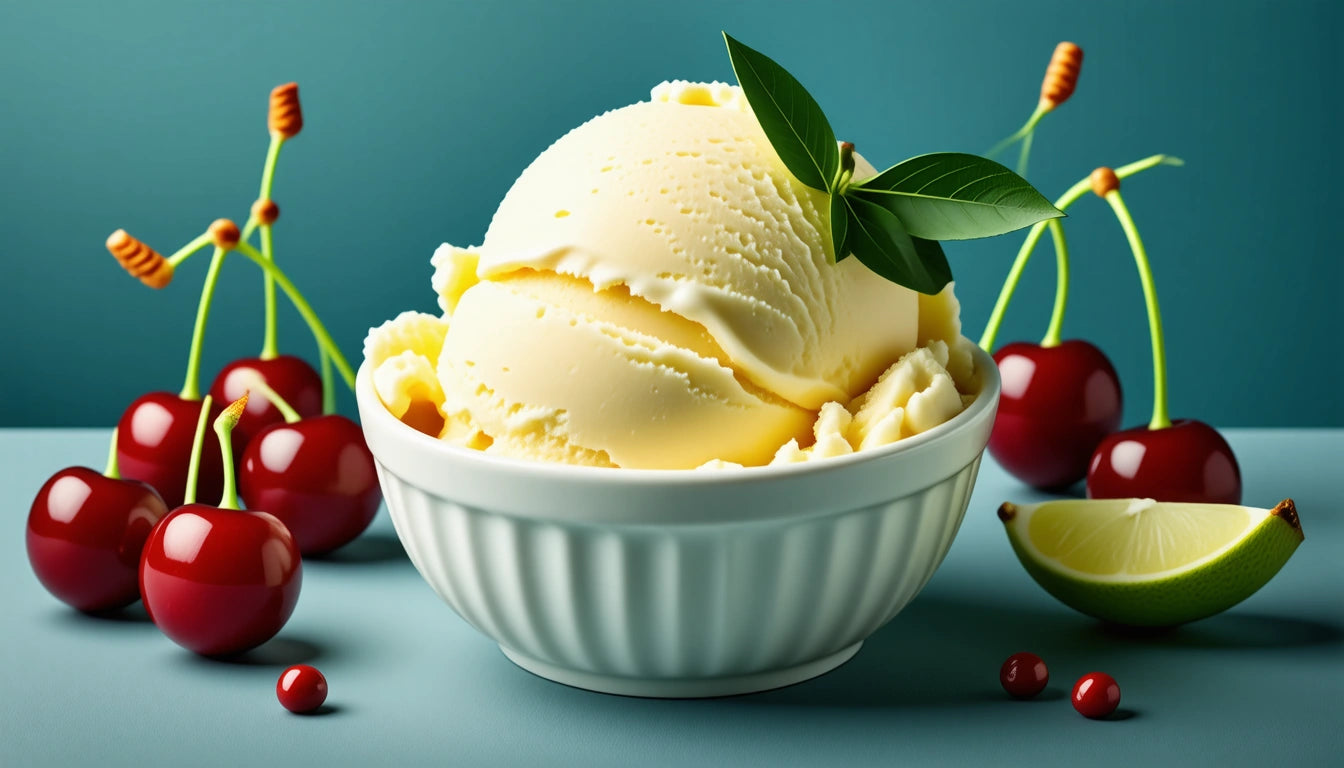Vanilla ice cream scoop in a white bowl, garnished with green leaves, surrounded by cherries and a lime wedge on a teal background