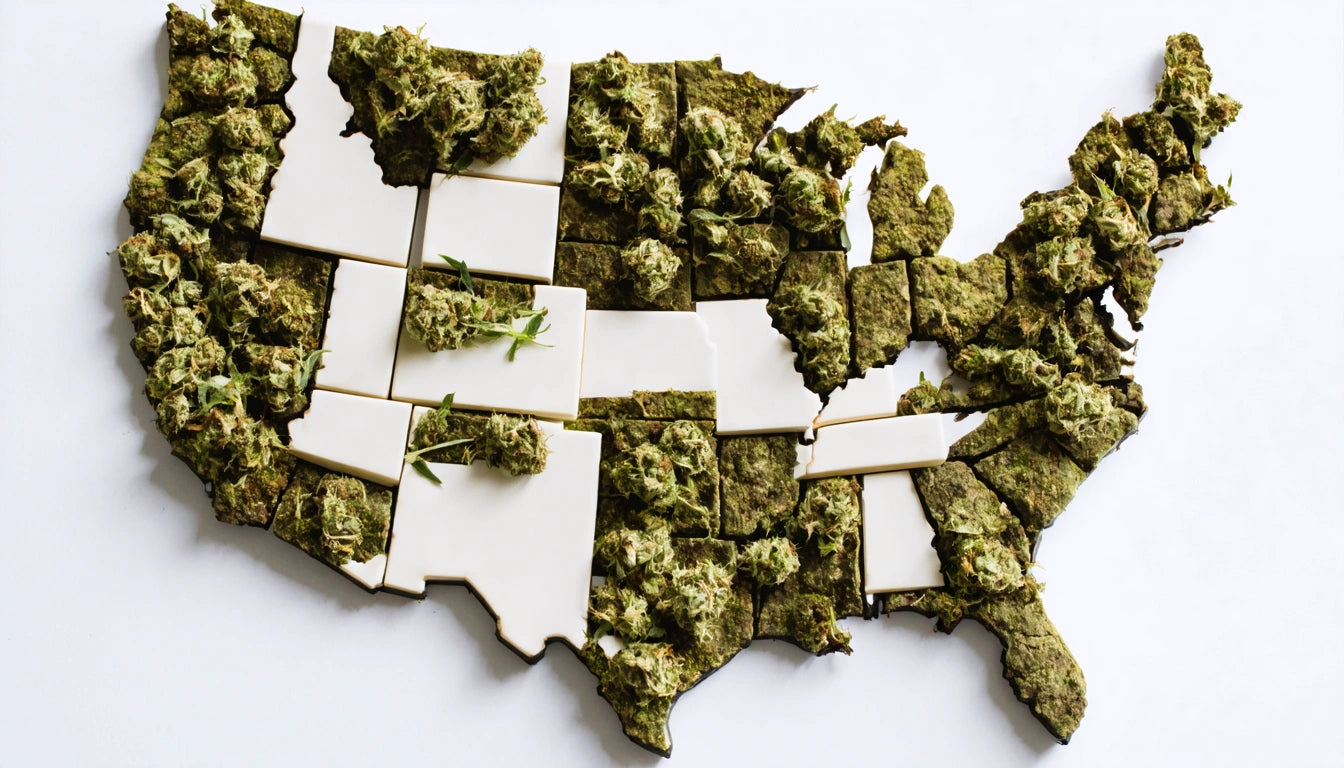 Map of the United States made from cannabis buds, with some states highlighted in white tiles