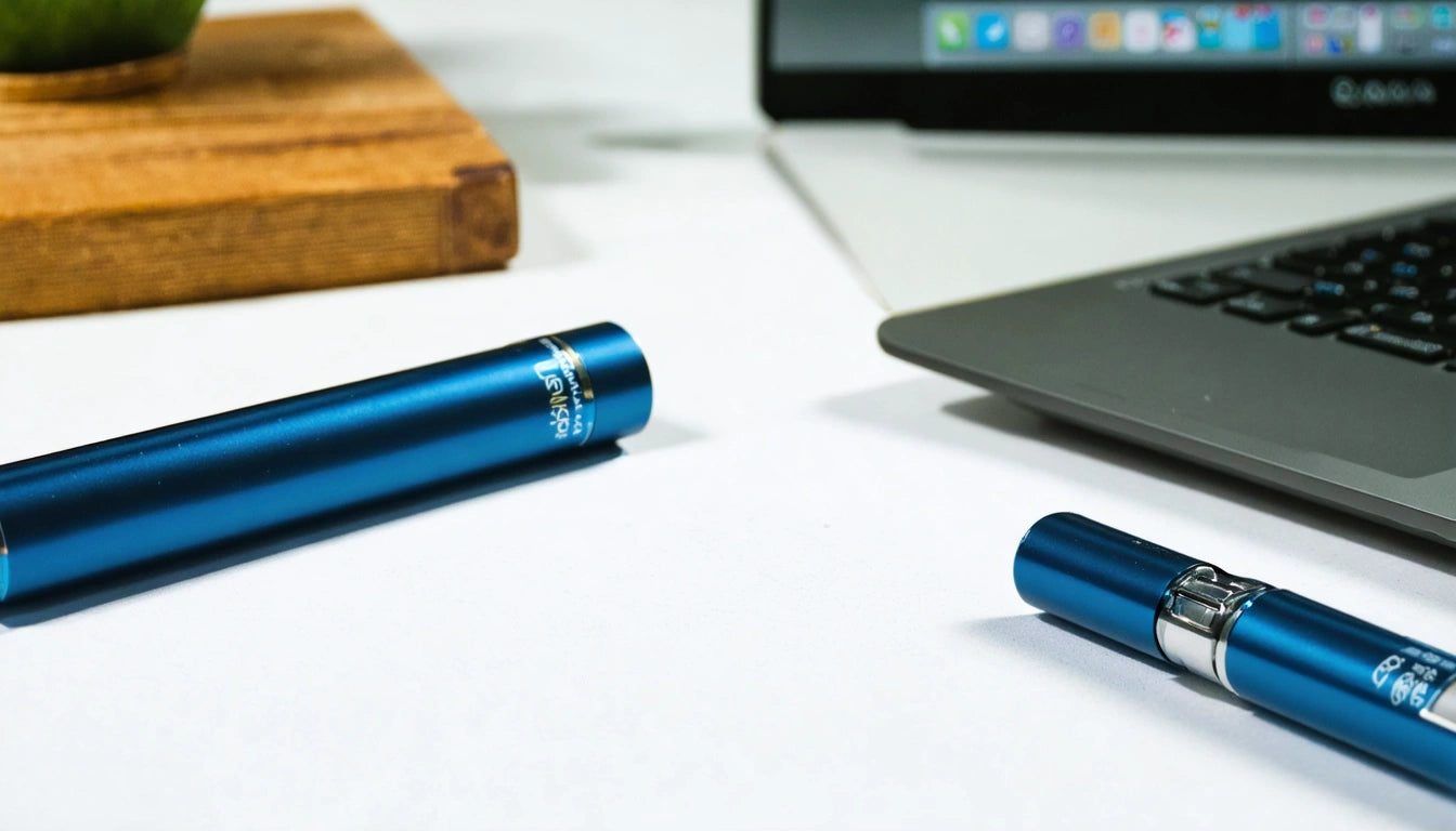 Blue vape pen on white surface near open laptop and wooden board