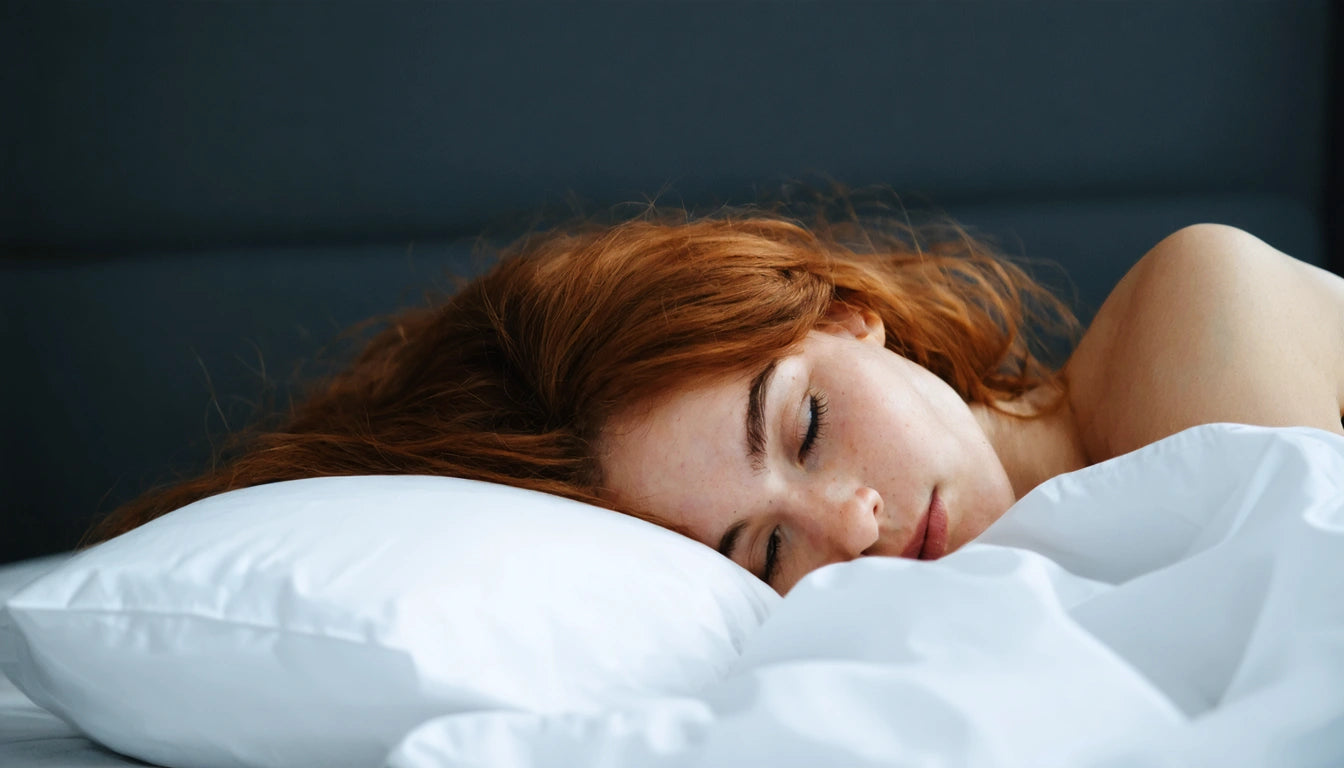 Person with red hair sleeping on white pillow, eyes closed, soft lighting, dark background