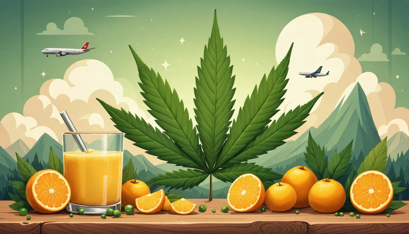 Glass of orange juice with straw, sliced and whole oranges on wooden surface, large green leaf, mountains, and two airplanes in sky