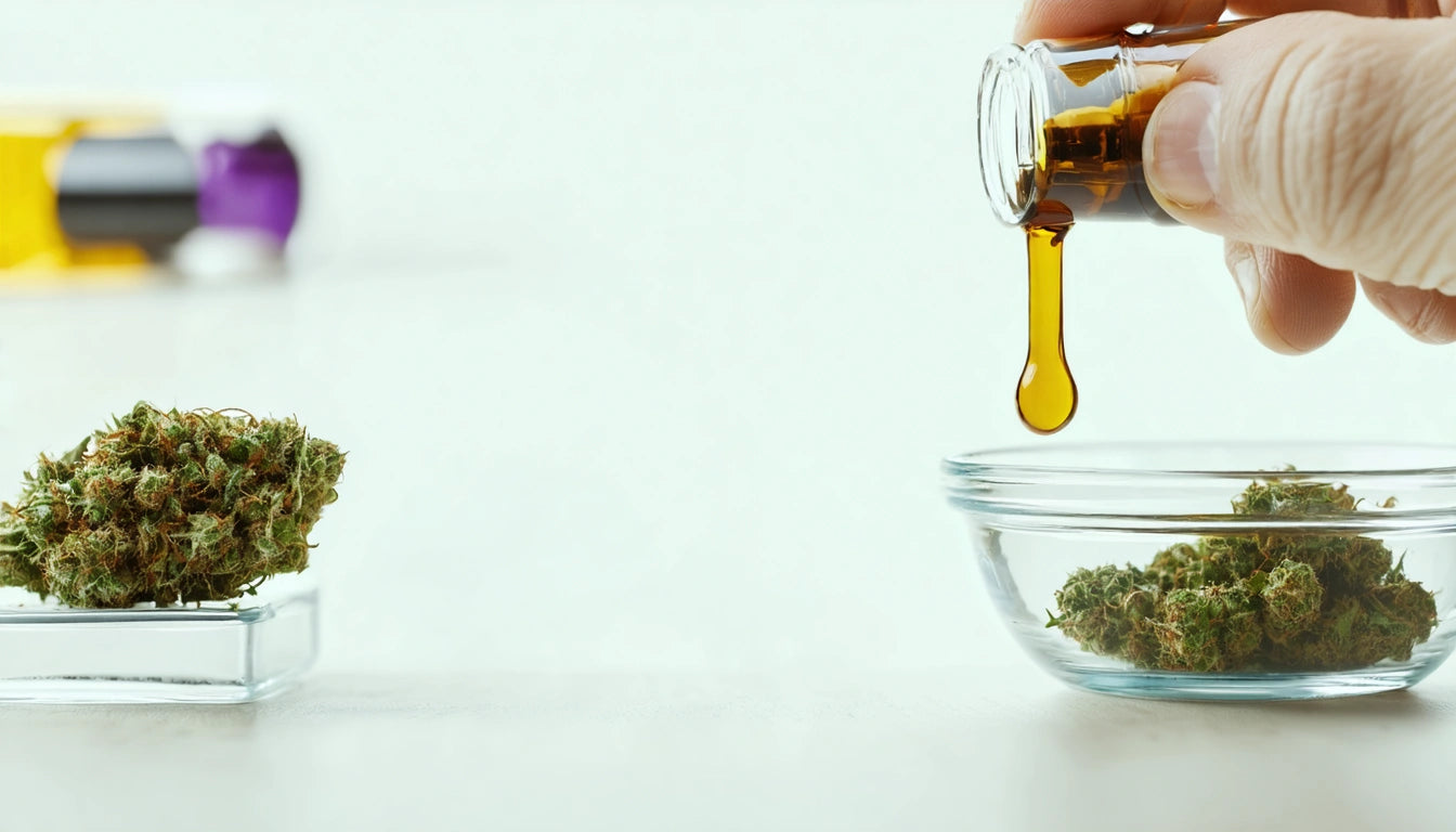 Hand pouring amber liquid from vial into glass bowl with green buds, another bowl with buds nearby on white surface