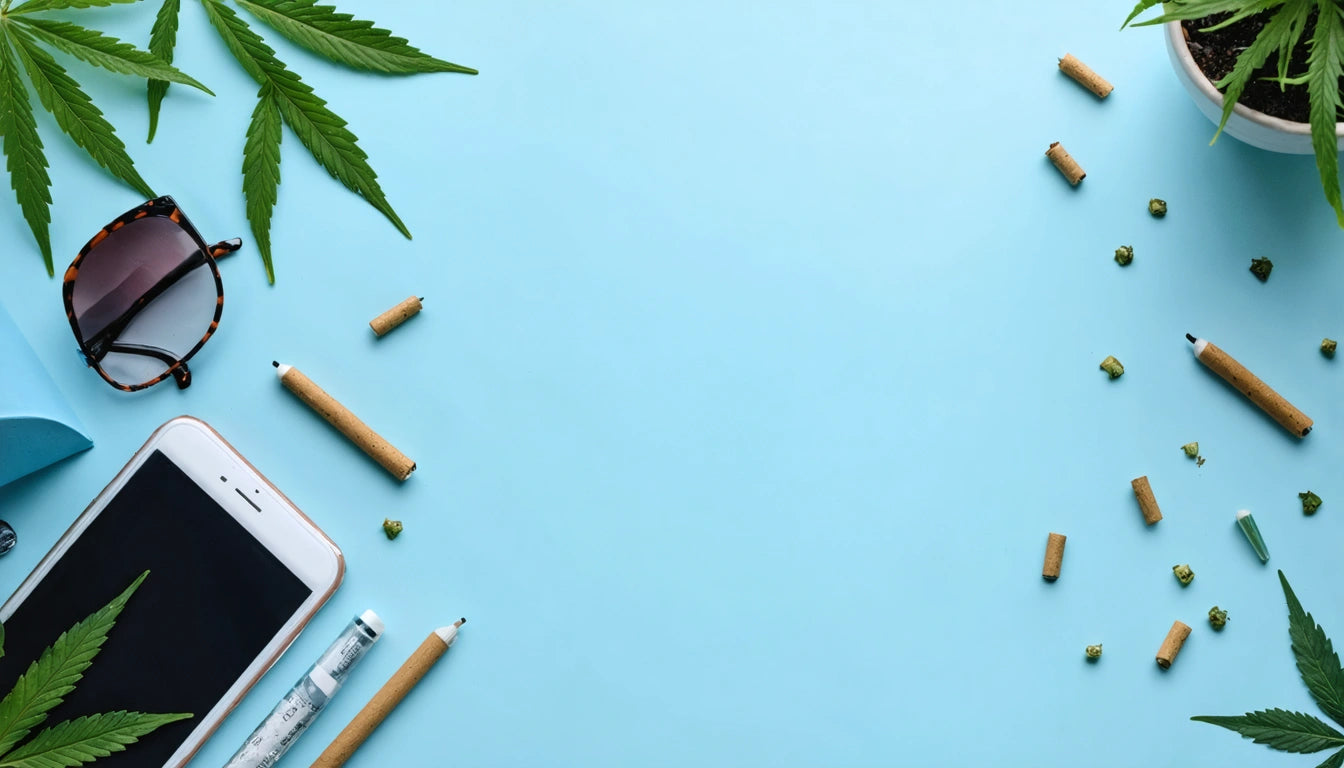 Smartphone, sunglasses, and rolled items on light blue surface, surrounded by green leaves and small scattered pieces