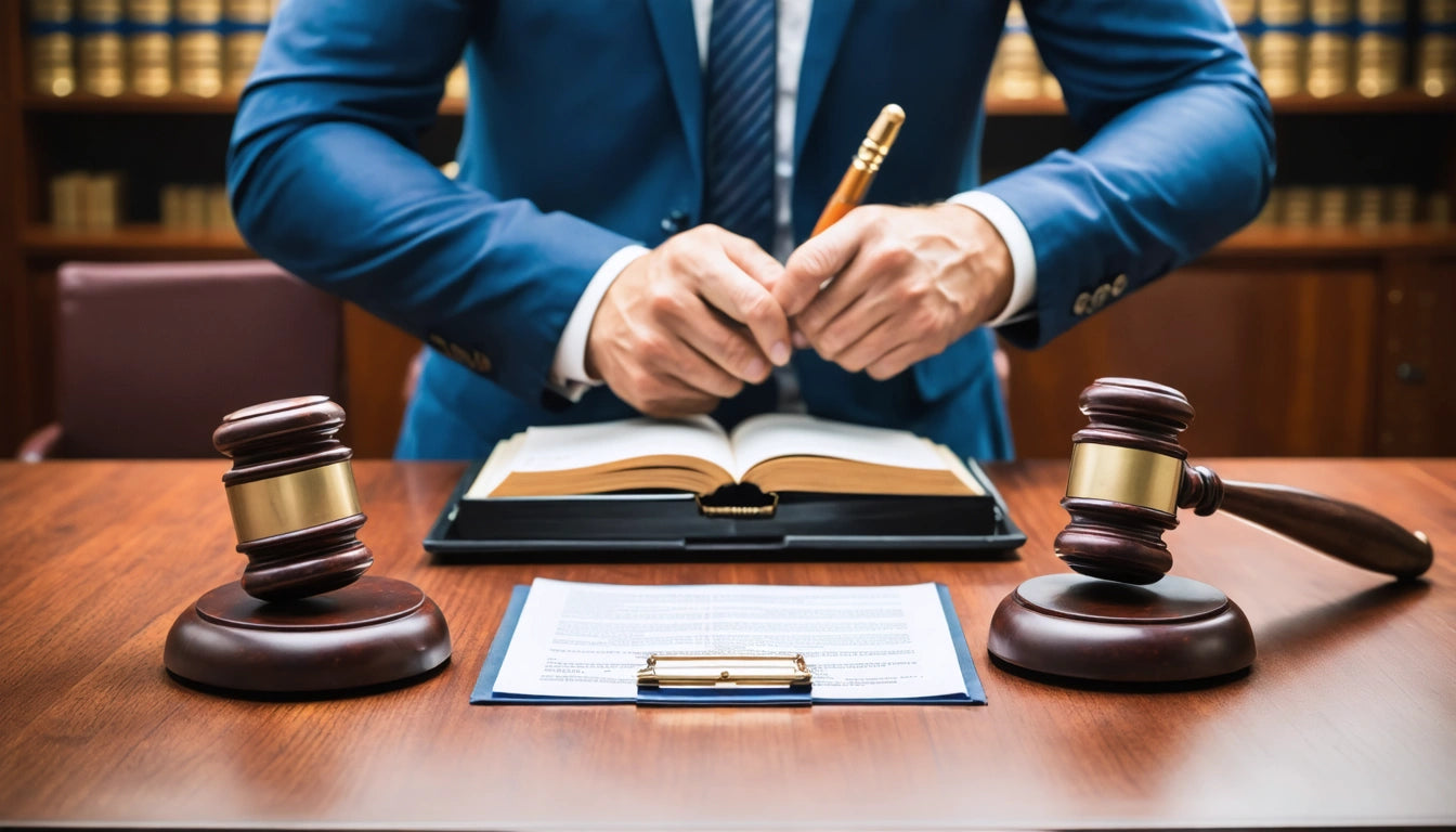 Person in blue suit holding pen over open book on wooden desk with two gavels and document