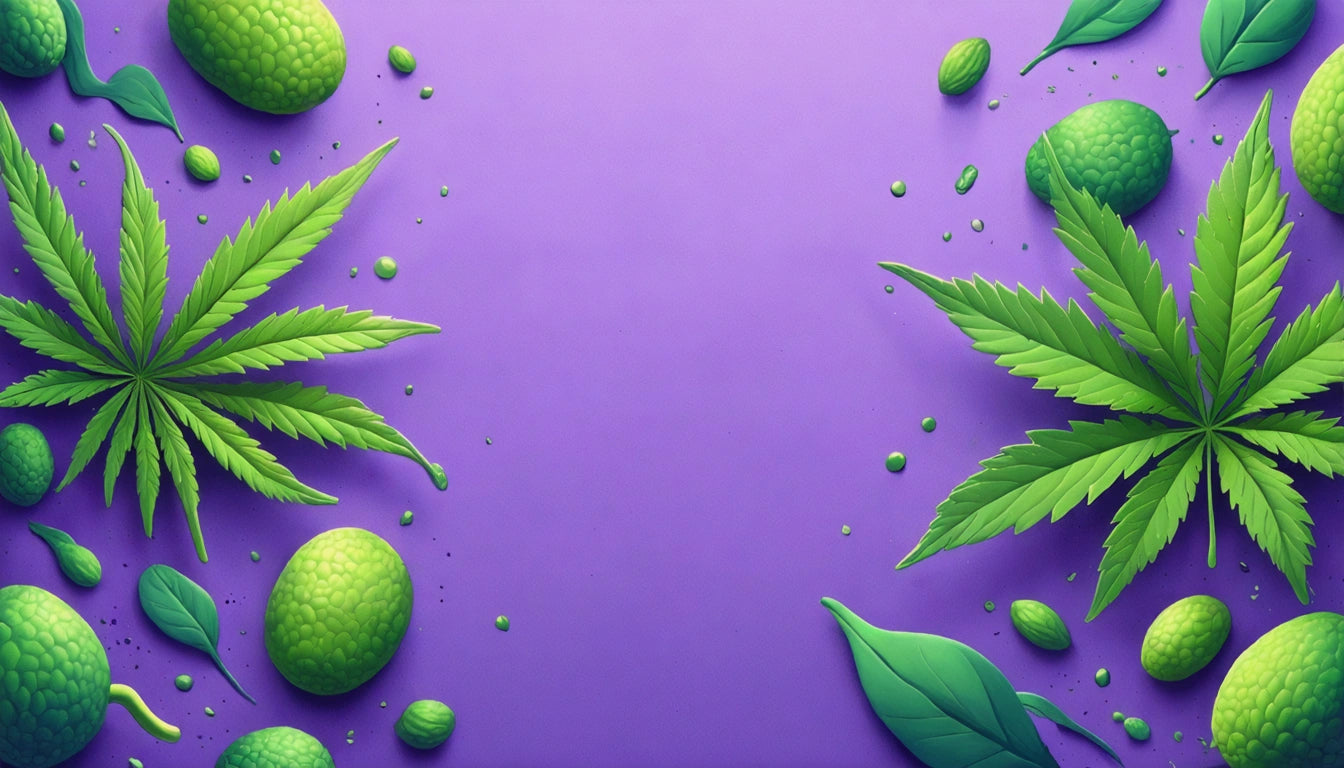 Green leaves and textured spheres scattered on a purple background, with two large leaves on opposite corners