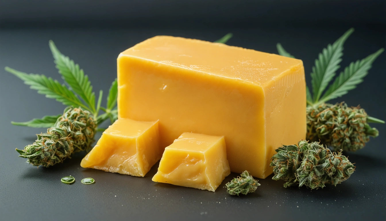 Block of yellow cheese with two cut pieces, surrounded by green leaves and clusters on a dark surface