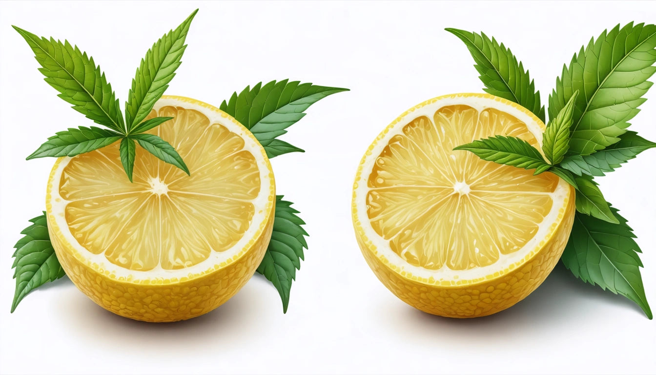 Two lemon halves with detailed texture, surrounded by green leaves on a white background