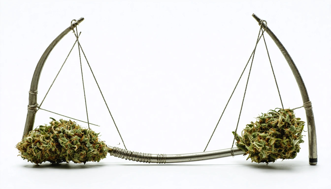 Two metal rods bent into a bow shape, each holding a cluster of green, leafy buds, connected by thin wires