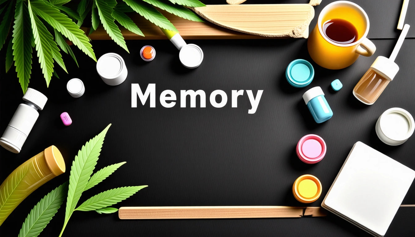 Black surface with "Memory" text, surrounded by colorful jars, wooden spoons, a yellow mug, and green leaves