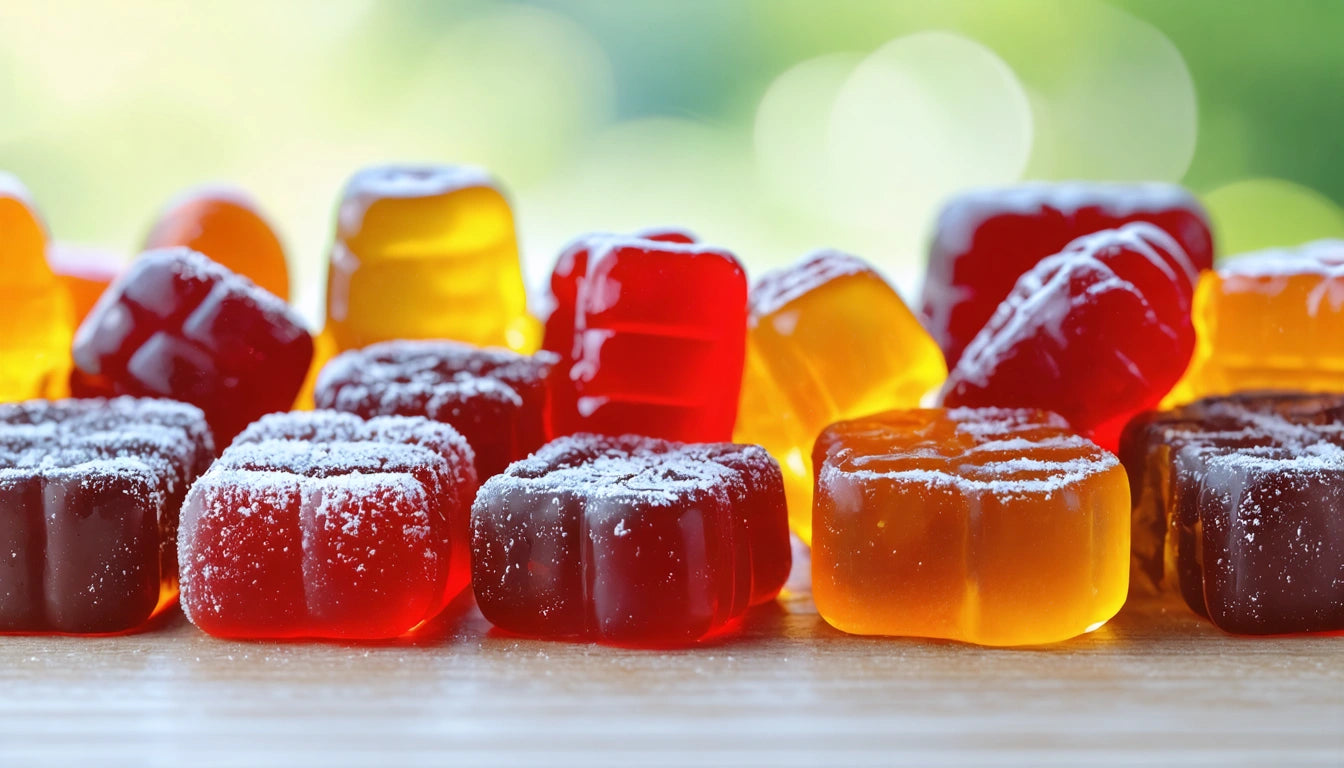 Red and orange gummy candies dusted with sugar on a wooden surface, blurred green background