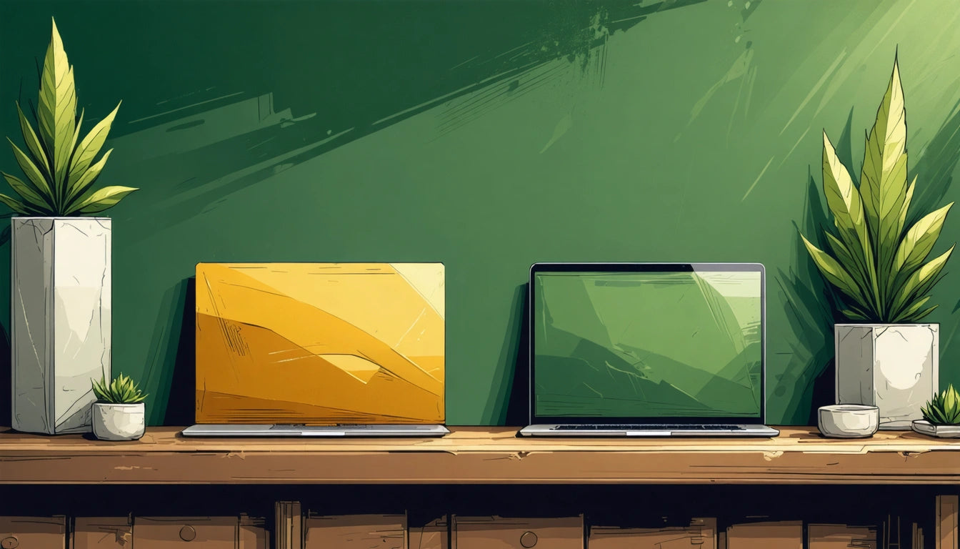 Two laptops on a wooden desk, one with a yellow screen, the other green. Two potted plants on each side against a green wall