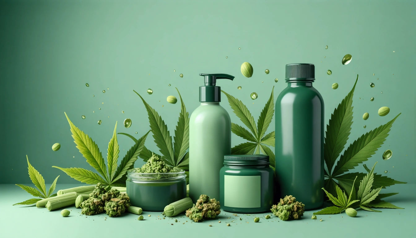 Green bottles and jars with pump and screw caps, surrounded by green leaves and small buds on a green background