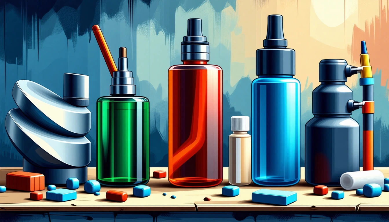 Colorful bottles and containers on a wooden shelf, surrounded by scattered pills and capsules, with a textured blue and beige background